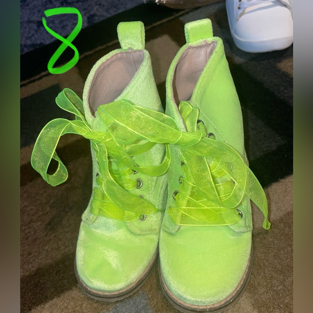 A Bear Co Lime Green velvet combat boots.